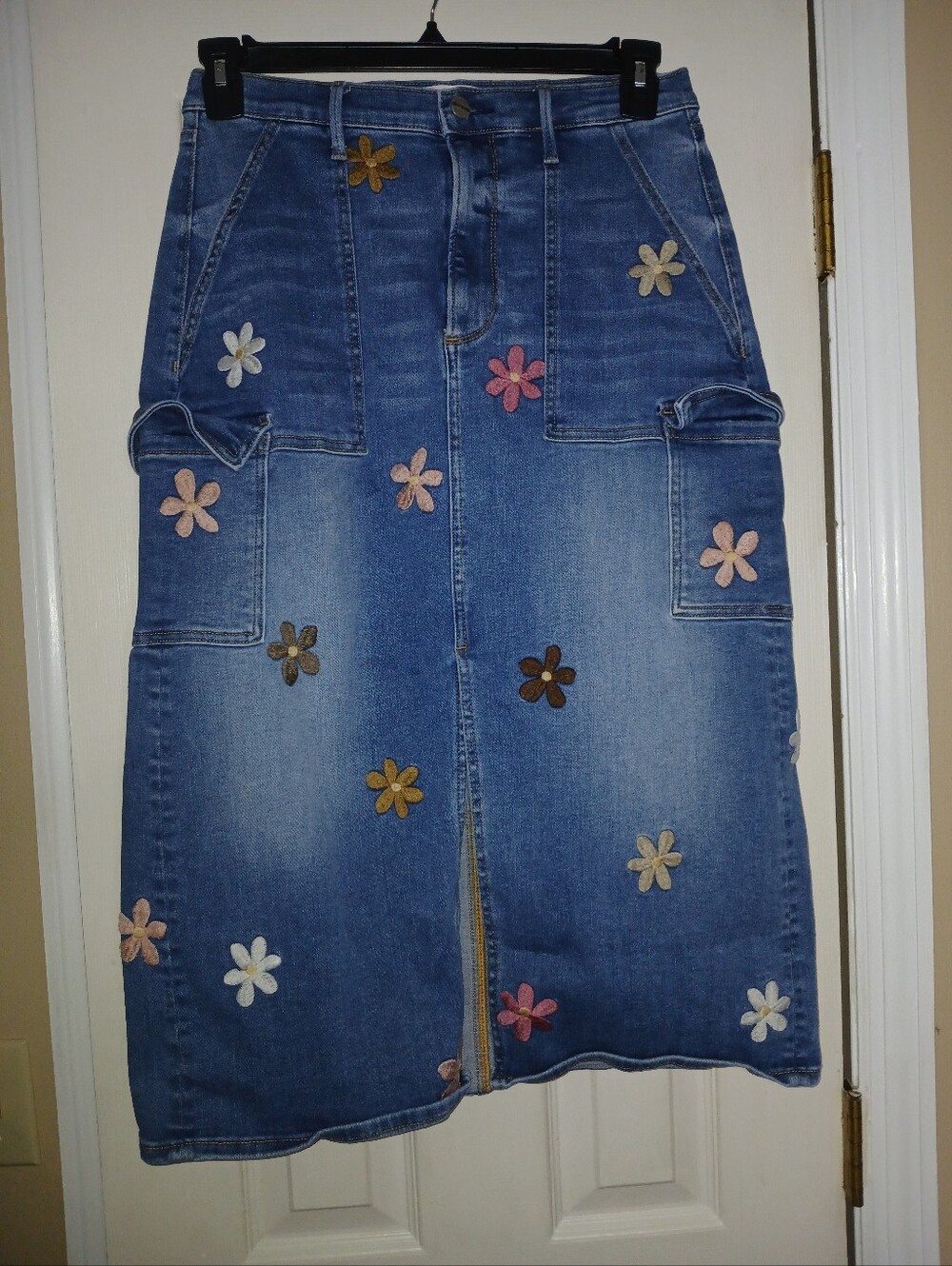 Driftwood Denim Midi Skirt with Multicolor Flower Appliqués
